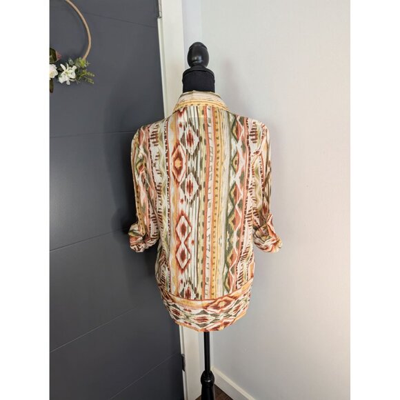 Alfred Dunner  Button-Up Long-Sleeve Roll Tab Shirt With Earthy Aztec Print - 10 - Picture 4 of 10